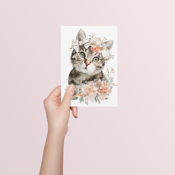 Watercolor American Shorthair Cat with Flower Crown Wall Art Print - Picture 5 of 6